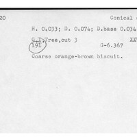 Index card with typed and handwritten information, sometimes including a sketch, of pottery from an excavation.