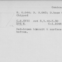 Index card with typed and handwritten information, sometimes including a sketch, of pottery from an excavation.