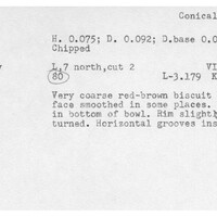 Index card with typed and handwritten information, sometimes including a sketch, of pottery from an excavation.