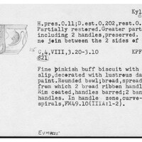 Index card with typed and handwritten information, sometimes including a sketch, of pottery from an excavation.