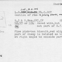 Index card with typed and handwritten information, sometimes including a sketch, of pottery from an excavation.