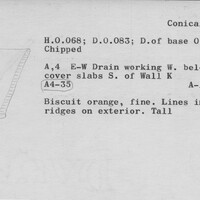 Index card with typed and handwritten information, sometimes including a sketch, of pottery from an excavation.