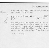 Index card with typed and handwritten information, sometimes including a sketch, of pottery from an excavation.