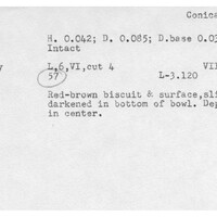 Index card with typed and handwritten information, sometimes including a sketch, of pottery from an excavation.