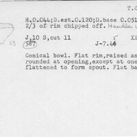 Index card with typed and handwritten information, sometimes including a sketch, of pottery from an excavation.