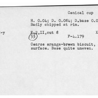 Index card with typed and handwritten information, sometimes including a sketch, of pottery from an excavation.
