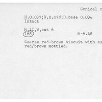Index card with typed and handwritten information, sometimes including a sketch, of pottery from an excavation.