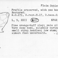 Index card with typed and handwritten information, sometimes including a sketch, of pottery from an excavation.
