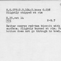 Index card with typed and handwritten information, sometimes including a sketch, of pottery from an excavation.