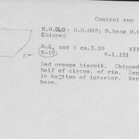 Index card with typed and handwritten information, sometimes including a sketch, of pottery from an excavation.