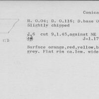Index card with typed and handwritten information, sometimes including a sketch, of pottery from an excavation.