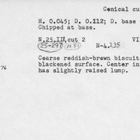 Index card with typed and handwritten information, sometimes including a sketch, of pottery from an excavation.
