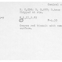 Index card with typed and handwritten information, sometimes including a sketch, of pottery from an excavation.