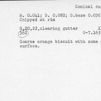 Index card with typed and handwritten information, sometimes including a sketch, of pottery from an excavation.