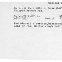 Index card with typed and handwritten information, sometimes including a sketch, of pottery from an excavation.