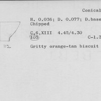 Index card with typed and handwritten information, sometimes including a sketch, of pottery from an excavation.