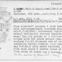 Index card with typed and handwritten information, sometimes including a sketch, of pottery from an excavation.