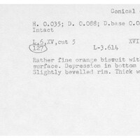 Index card with typed and handwritten information, sometimes including a sketch, of pottery from an excavation.