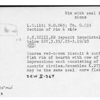 Index card with typed and handwritten information, sometimes including a sketch, of pottery from an excavation.