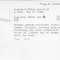 Index card with typed and handwritten information, sometimes including a sketch, of pottery from an excavation.
