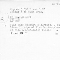 Index card with typed and handwritten information, sometimes including a sketch, of pottery from an excavation.