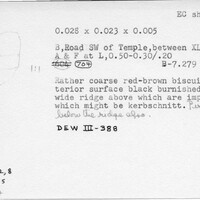 Index card with typed and handwritten information, sometimes including a sketch, of pottery from an excavation.