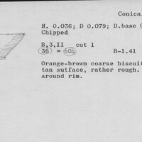 Index card with typed and handwritten information, sometimes including a sketch, of pottery from an excavation.