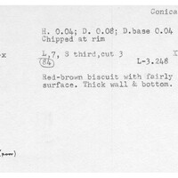 Index card with typed and handwritten information, sometimes including a sketch, of pottery from an excavation.