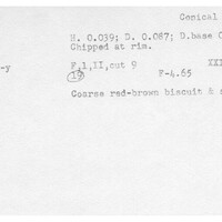 Index card with typed and handwritten information, sometimes including a sketch, of pottery from an excavation.