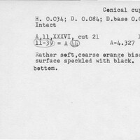 Index card with typed and handwritten information, sometimes including a sketch, of pottery from an excavation.