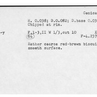 Index card with typed and handwritten information, sometimes including a sketch, of pottery from an excavation.