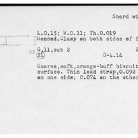 Index card with typed and handwritten information, sometimes including a sketch, of pottery from an excavation.
