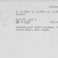 Index card with typed and handwritten information, sometimes including a sketch, of pottery from an excavation.