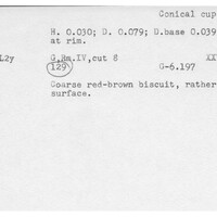 Index card with typed and handwritten information, sometimes including a sketch, of pottery from an excavation.