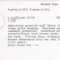 Index card with typed and handwritten information, sometimes including a sketch, of pottery from an excavation.