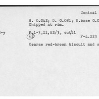 Index card with typed and handwritten information, sometimes including a sketch, of pottery from an excavation.