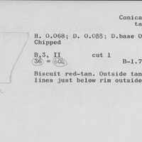Index card with typed and handwritten information, sometimes including a sketch, of pottery from an excavation.