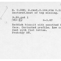 Index card with typed and handwritten information, sometimes including a sketch, of pottery from an excavation.