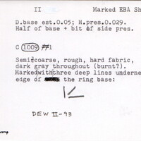 Index card with typed and handwritten information, sometimes including a sketch, of pottery from an excavation.