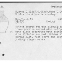 Index card with typed and handwritten information, sometimes including a sketch, of pottery from an excavation.