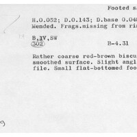 Index card with typed and handwritten information, sometimes including a sketch, of pottery from an excavation.