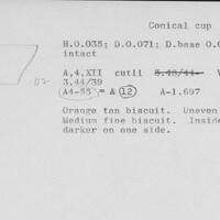 Index card with typed and handwritten information, sometimes including a sketch, of pottery from an excavation.