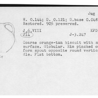 Index card with typed and handwritten information, sometimes including a sketch, of pottery from an excavation.