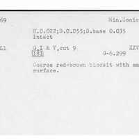 Index card with typed and handwritten information, sometimes including a sketch, of pottery from an excavation.