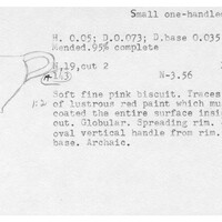 Index card with typed and handwritten information, sometimes including a sketch, of pottery from an excavation.