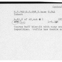 Index card with typed and handwritten information, sometimes including a sketch, of pottery from an excavation.