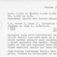 Index card with typed and handwritten information, sometimes including a sketch, of pottery from an excavation.