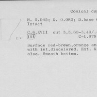 Index card with typed and handwritten information, sometimes including a sketch, of pottery from an excavation.