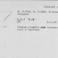 Index card with typed and handwritten information, sometimes including a sketch, of pottery from an excavation.