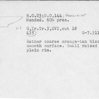 Index card with typed and handwritten information, sometimes including a sketch, of pottery from an excavation.